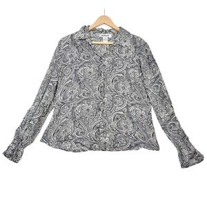 VTG Alfani Womens 100% Silk Paisley Button Up Blouse Black White Gray Size 10